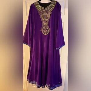 Purple Long Kaftan with Gold Embroidery